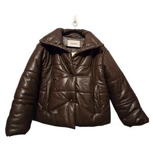 Nanushka Brown Hide Vegan Leather Puffer Jacket Womens MED Minimalist Luxury EUC